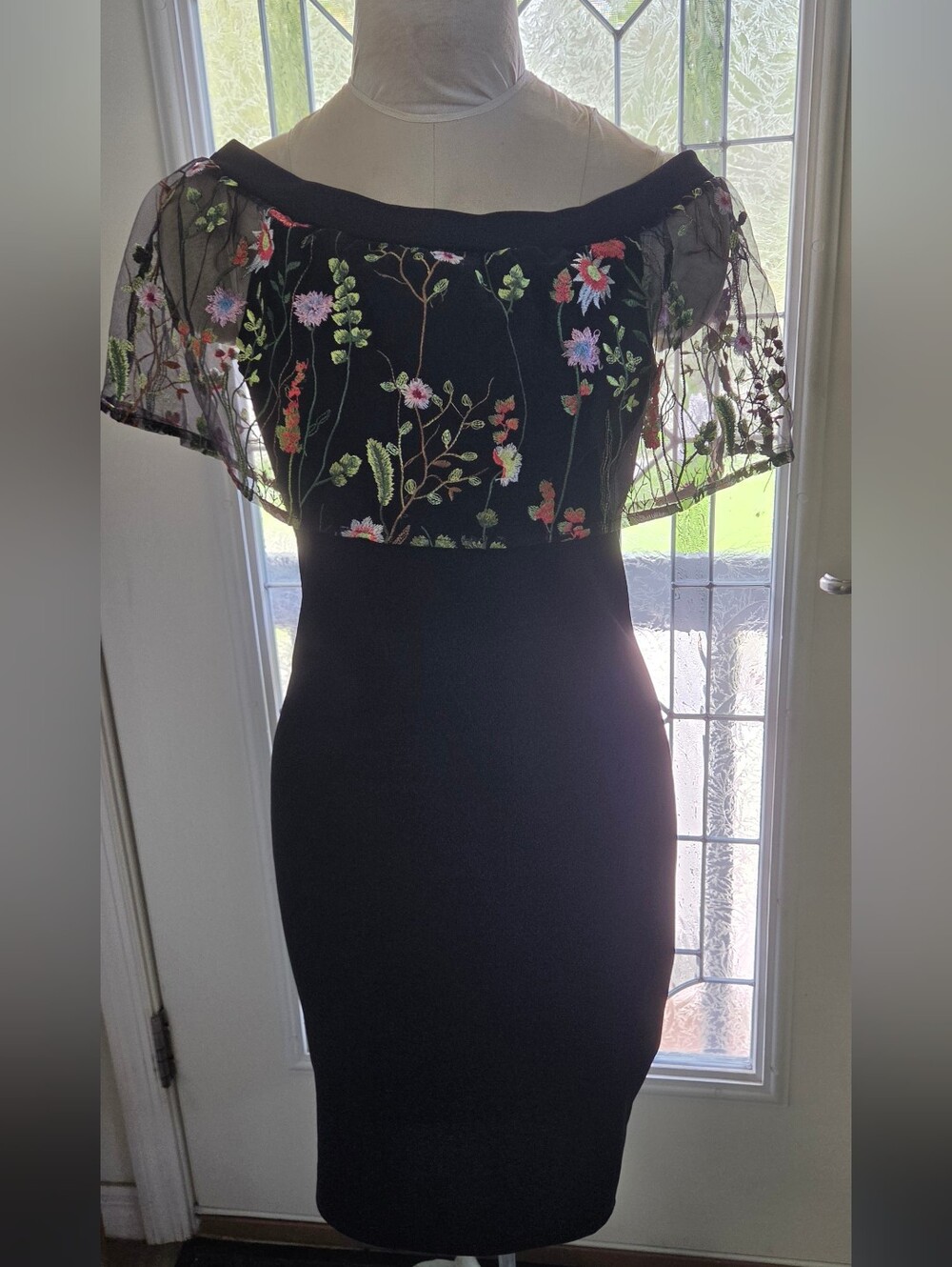 Black Off-Shoulder Embroidered Floral Sheer Sleeve Dress